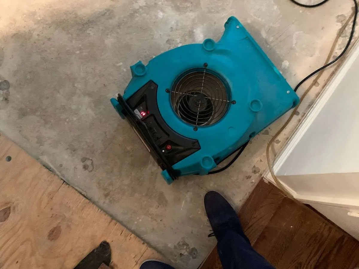 Air mover drying subfloor during Commercial Water Damage Restoration in Wakefield